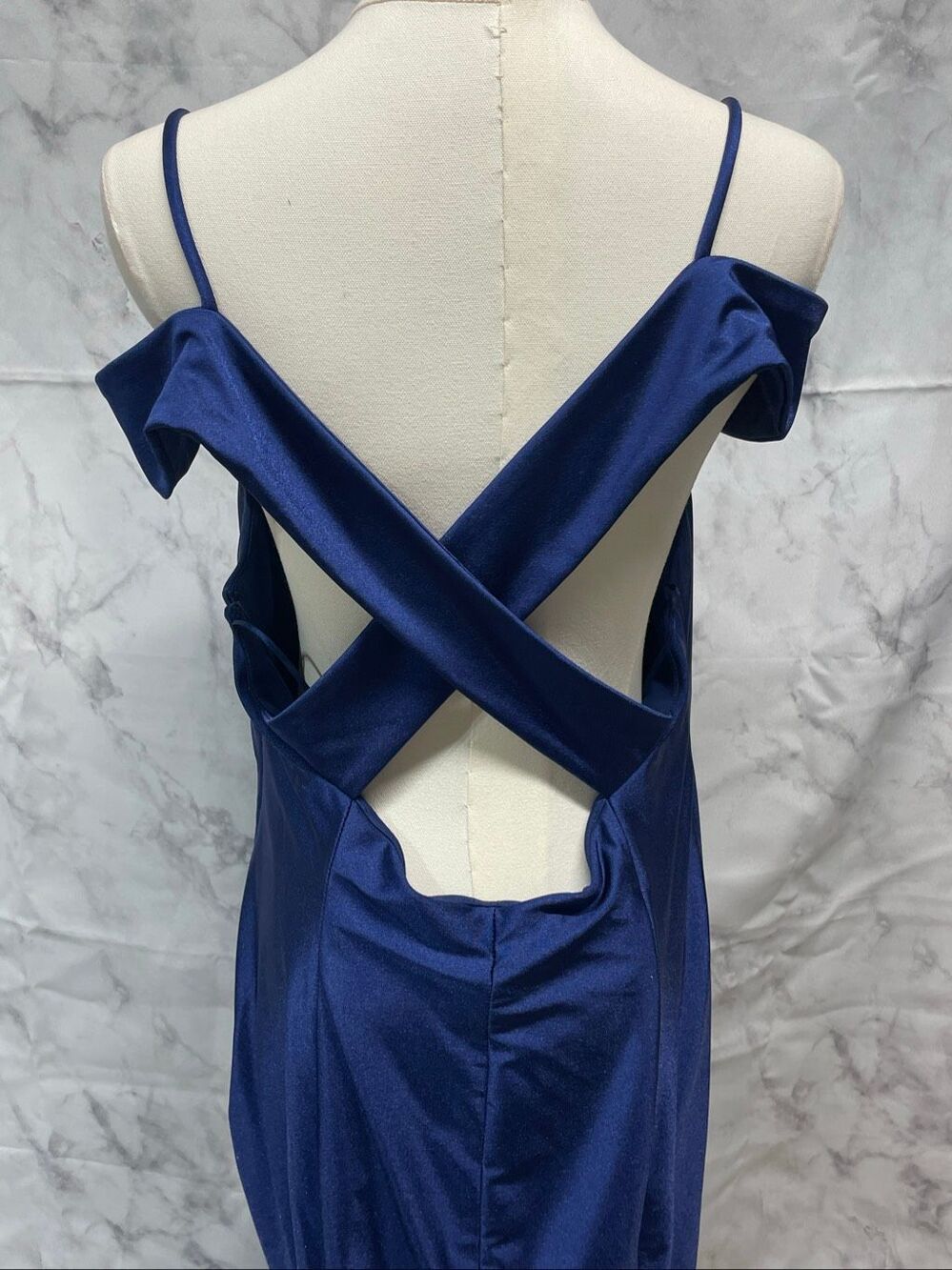 Nightway NW Royal Blue Satin Formal Evening Gown Size 14 Cold Shoulder Maxi - Picture 2 of 5